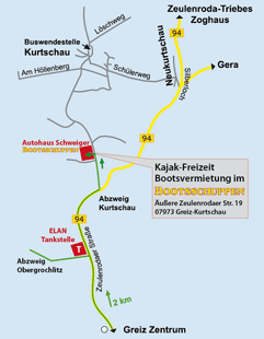 Anfahrtsskizze Kajak-Freizeit Bootsverleih im Bootsschuppen im Autohaus Schweiger